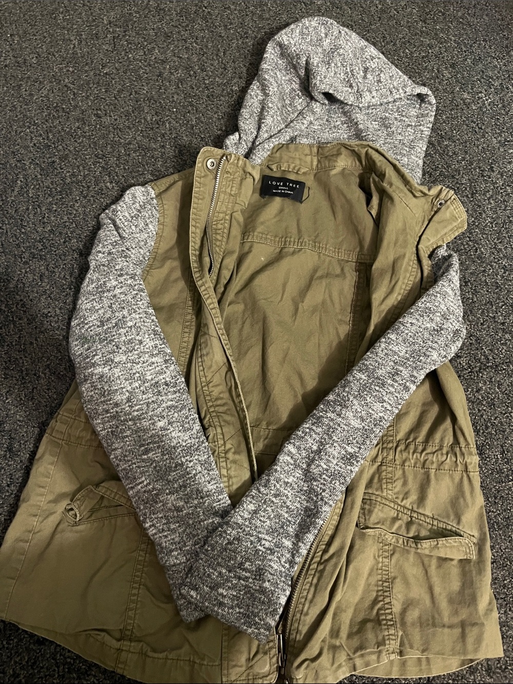 Love Tree Olive Field Jacket with Heather Gray Knit Hood & Sleeves